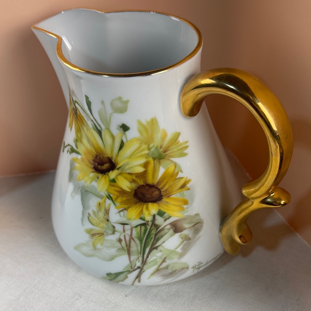 Rita Rauchwerger Hand Painted Floral Pitcher with Gold Handle - Picture 2 of 15
